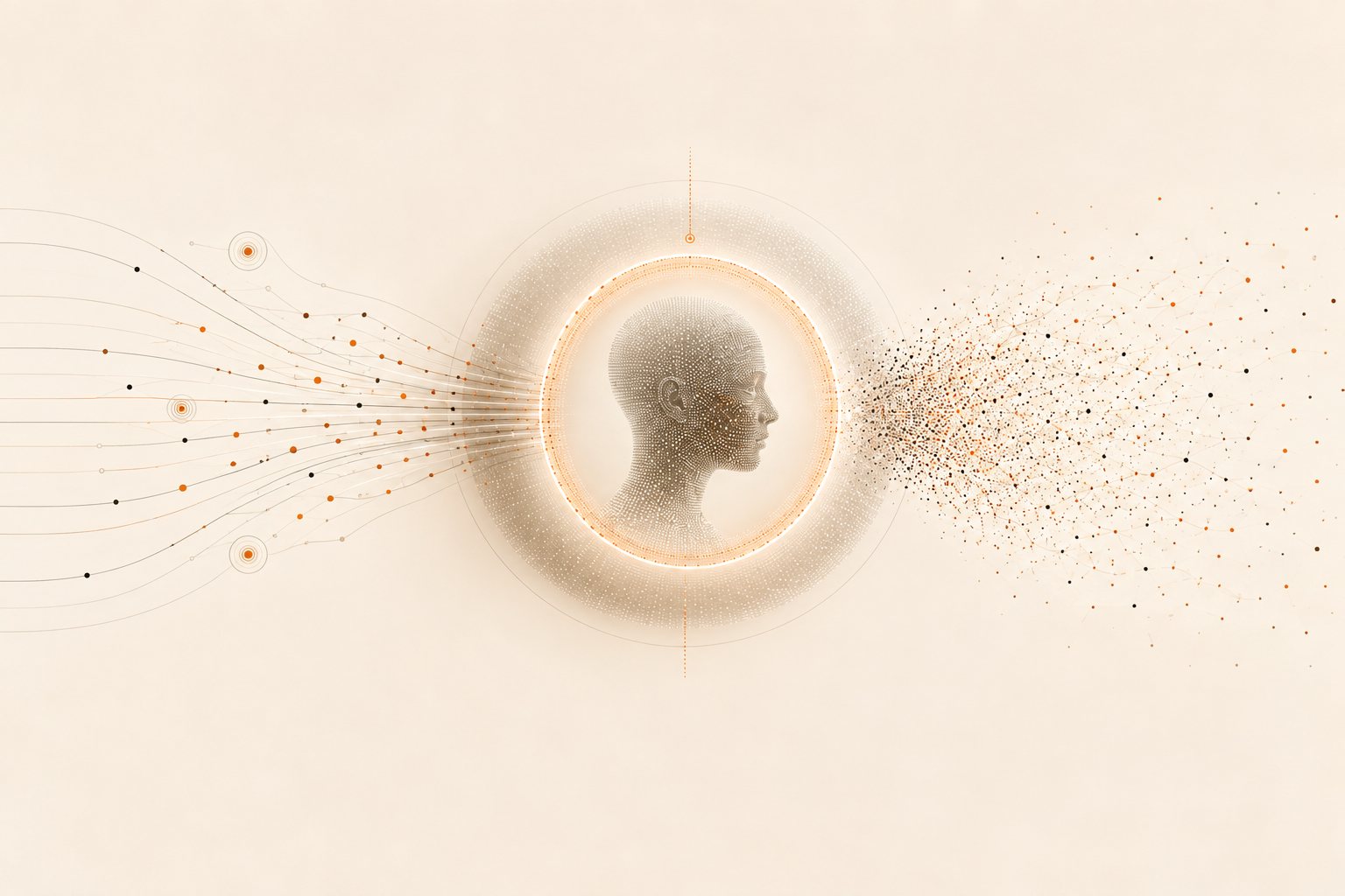 Signals from consumer AI devices converging on a face, then dispersing as unreadable data.