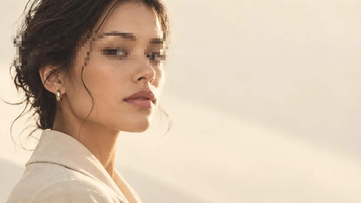 A woman in warm daylight looks past the camera, a band of pixels across her eyes.